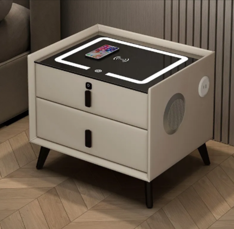 Wireless Charging Bedside Table with Dual Drawers & USB Lock