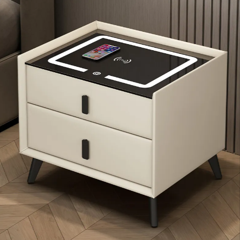 Wireless Charging Bedside Table with Dual Drawers & USB Lock